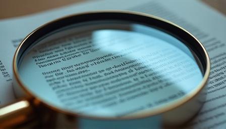 A magnifying glass focusing on fine print in a legal document