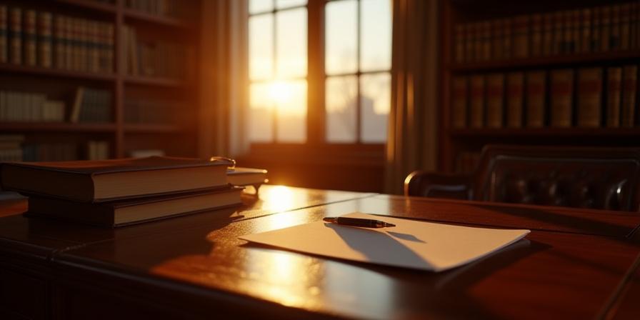 Stately legal library with warm dawn light